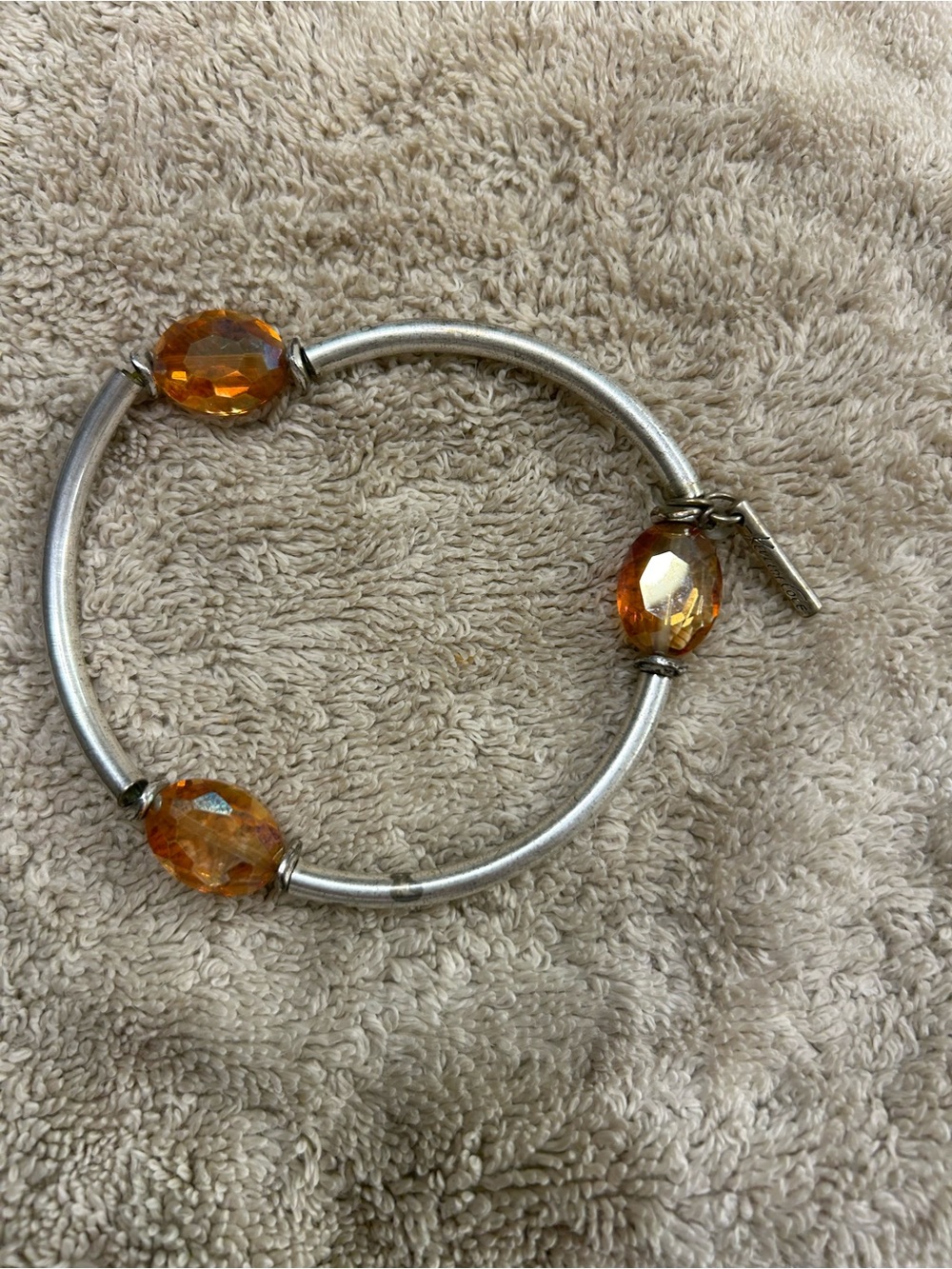 Amber Crystal Bead Silver-Tone Bangle Bracelet